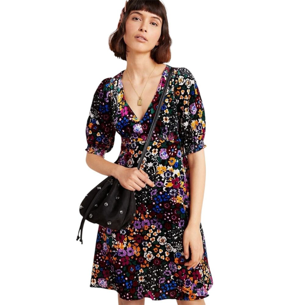 Anthropologie Francie Floral Velvet Puff Sleeve V-Neck Smock Mini Dress US 10